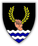 Sable, a sinister hand proper sustaining a laurel wreath Or and emerging from a ford proper.