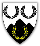 Argent, on a three peaked mountain sable a laurel wreath Or, in chief two laurel wreaths sable.