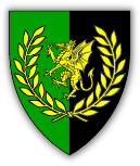 Per pale vert and sable, a dragon rampant within a laurel wreath Or.