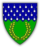 Per fess indented azure, goutté deau, and vert, in base a laurel wreath Or.