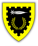 Sable, a comet argent and in base a laurel wreath Or, a bordure embattled Or.