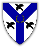Argent, on a pall azure between three ravens volant sable a laurel wreath Or.