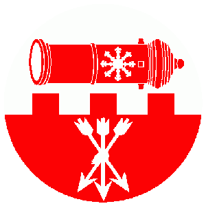 The badge of the order is Per fess embattled argent and gules, in chief a culverin dismounted gules charged with an escarbuncle and in base a sheaf of arrows argent.