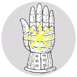 The badge of the order is (Fieldless) On a gauntlet sable, an escarbuncle Or.