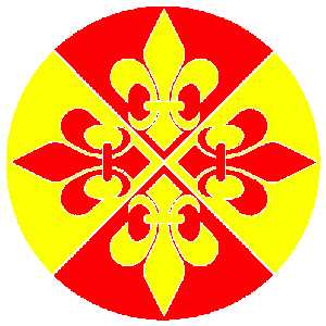 The badge of the order is Per saltire gules and Or, four fleurs-de-lys bases to center counterchanged.
