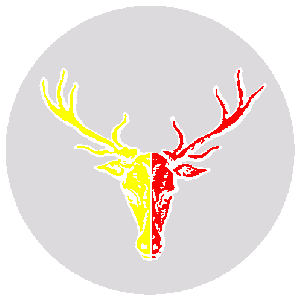 The badge of the order is (Fieldless) A stag's head cabossed per pale Or and gules.