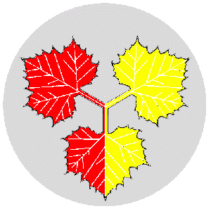 The badge of the order is (Fieldless) Three sycamore leaves conjoined in pall per pale gules and Or.