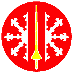 The badge of the order is Gules, a lance Or between two demi-escarbuncles palewise addorsed argent.